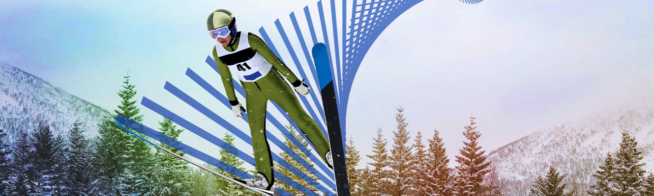 Winter Olympic ski jumper flying through the air