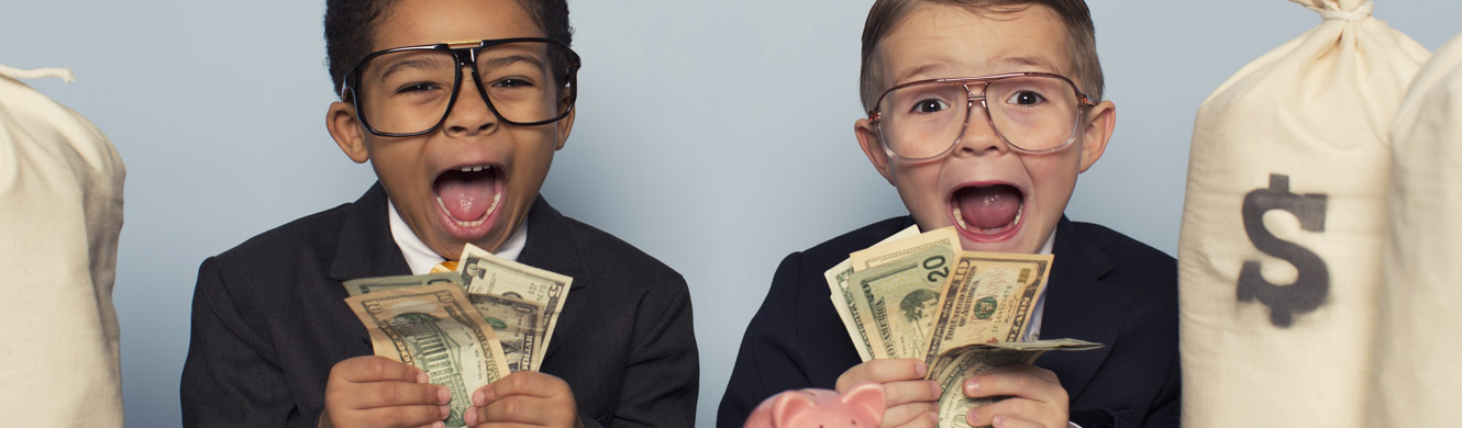 Two young boys wearing suits and oversized glasses are yelling while holding stacks of money