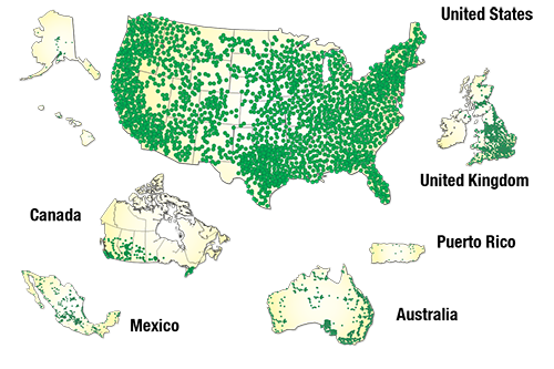 A map of the United States, Canada, Mexico, Puerto Rico, the UK, and Australia, with pinpoints showing Allpoint ATM locations.