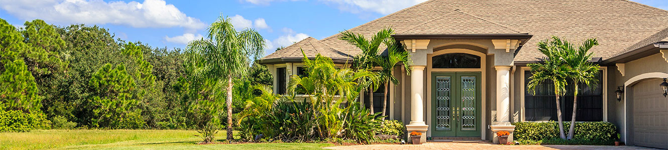 A home with palm trees and pine trees surrounding it.